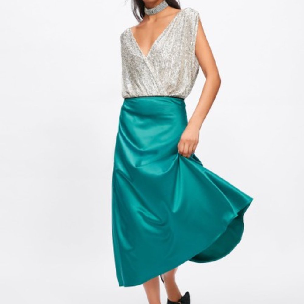 Zara Green Blue Silk Midi Skirt M